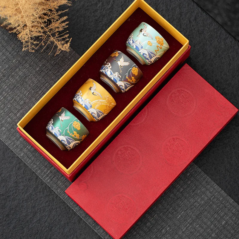 

4Pcs Gilded Silver Ceramic Tea Cup Set Enamel Color Teacup Kung Fu Tea Set Vintage Tea Cups Tea Bowl Chinese Tea Set Gift Box