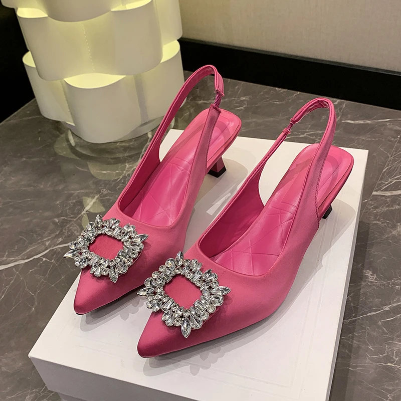 Baotou After The Empty Sandals Summer New Square Buckle Fine Heel Diamond Pointed Shallow Mouth High Heel Women's Single Shoes