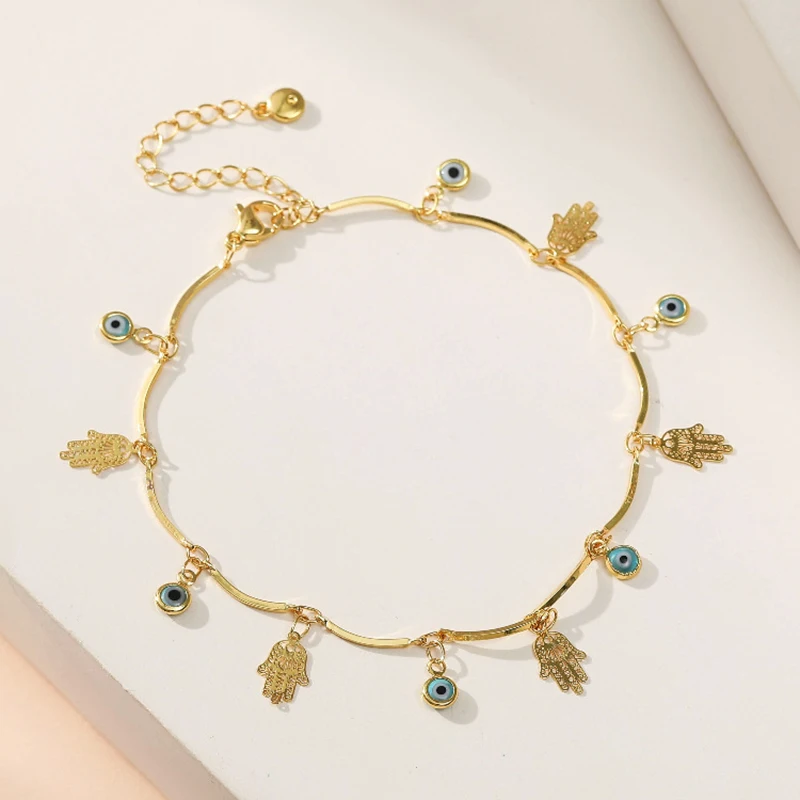 

Exoticism 18k Gold Plated Palm Pendant Metal Chain Women Anklets Middle East Türkiye Devil's Eye Blue Eye Classic Ethnic Jewelry
