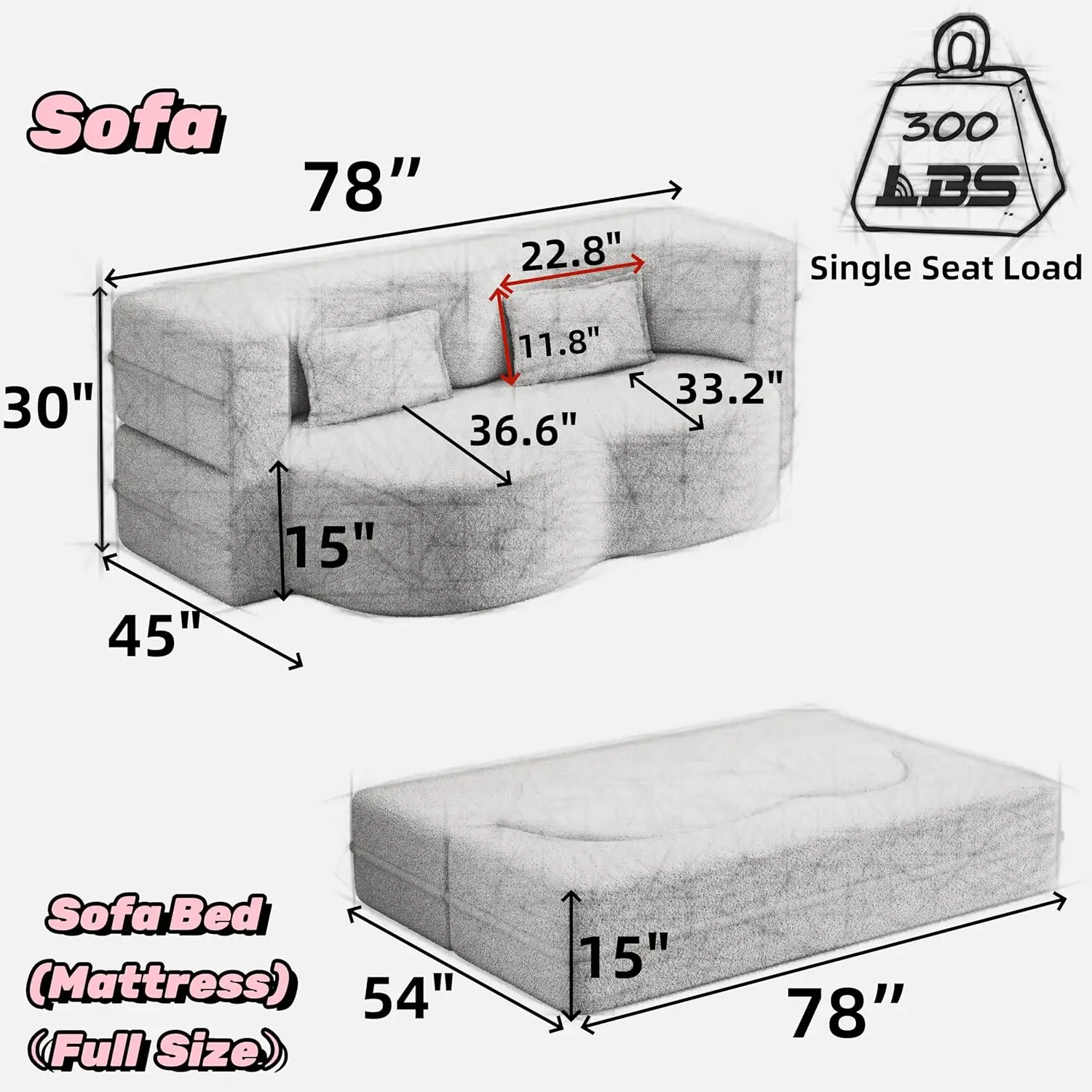 Modern Floor Sofa with 2 Pillows, Convertible Teddy Fabric Foam-Filled Sleeper Sofa Bed,