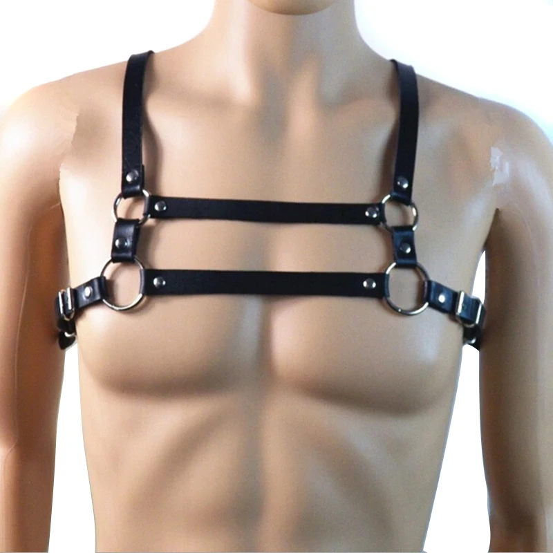 

Men's Black Faux Leather Chest Harness Buckles Bondage Clubwear Costume Accessory