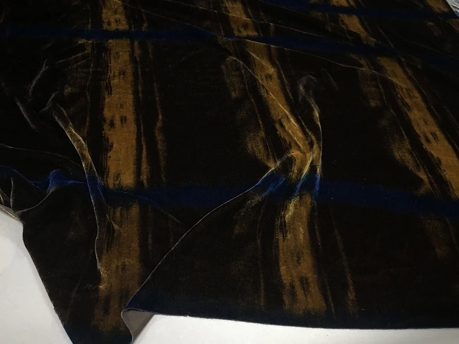 

Real Silk Velvet Fashion Designer Cloth Coffee Color Yellow and Blue Stripes Non-Inverted Fabric Dress Cheongsam