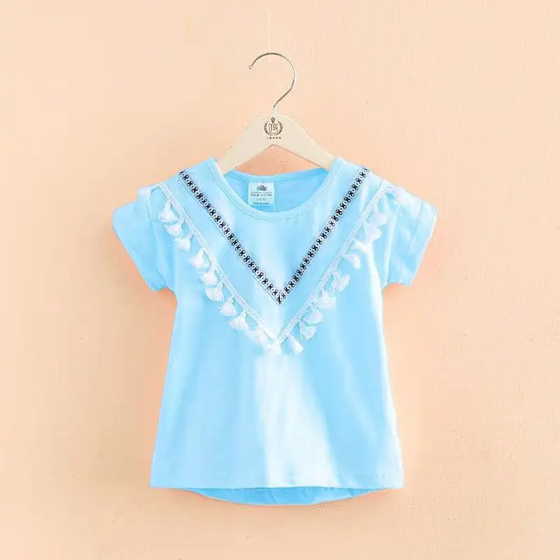 2025 Summer 2 3 4 6 8 10 Years Kids Clothes Cotton White Pink Solid Color V Tassels Patchwork Short Sleeve O-Neck T-Shirt Girls