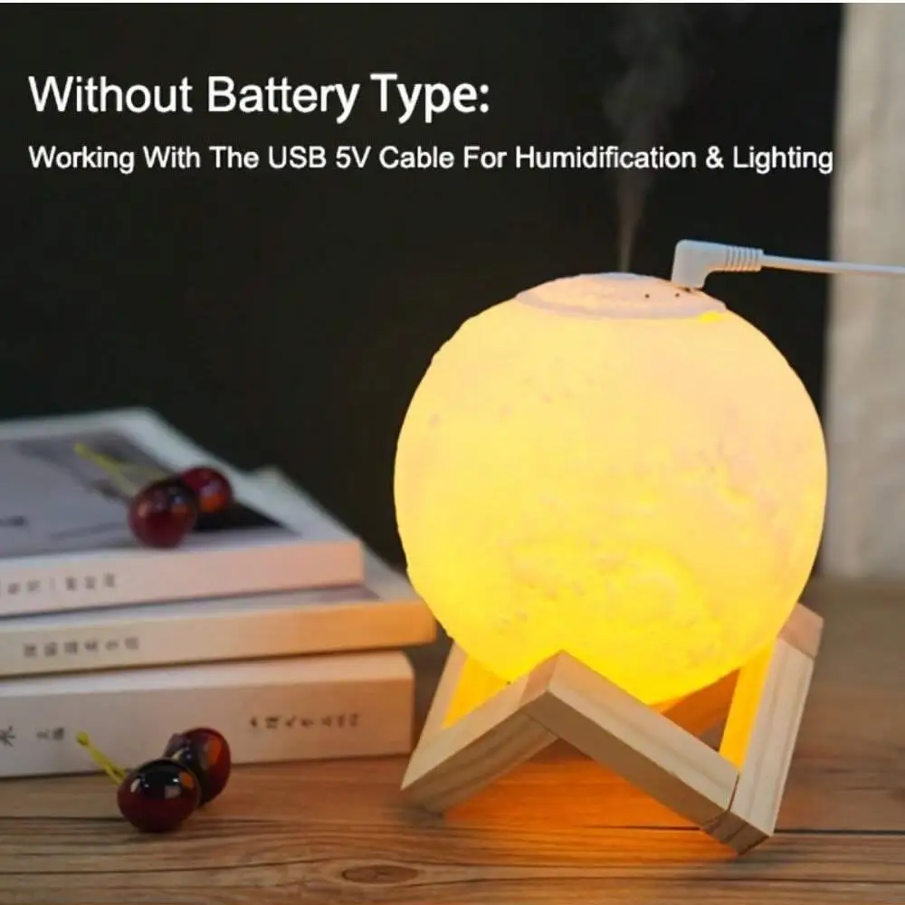 1pc 3D Moon Lamp Humidifier With Wooden Base 3 LED Night Lighting With Touch Control Brightness For Home Office Decor