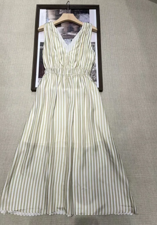 

Long Dress for Women 2024 New Spring Summer Silk Striped V-neck Sweet Sleeveless Sling Robes