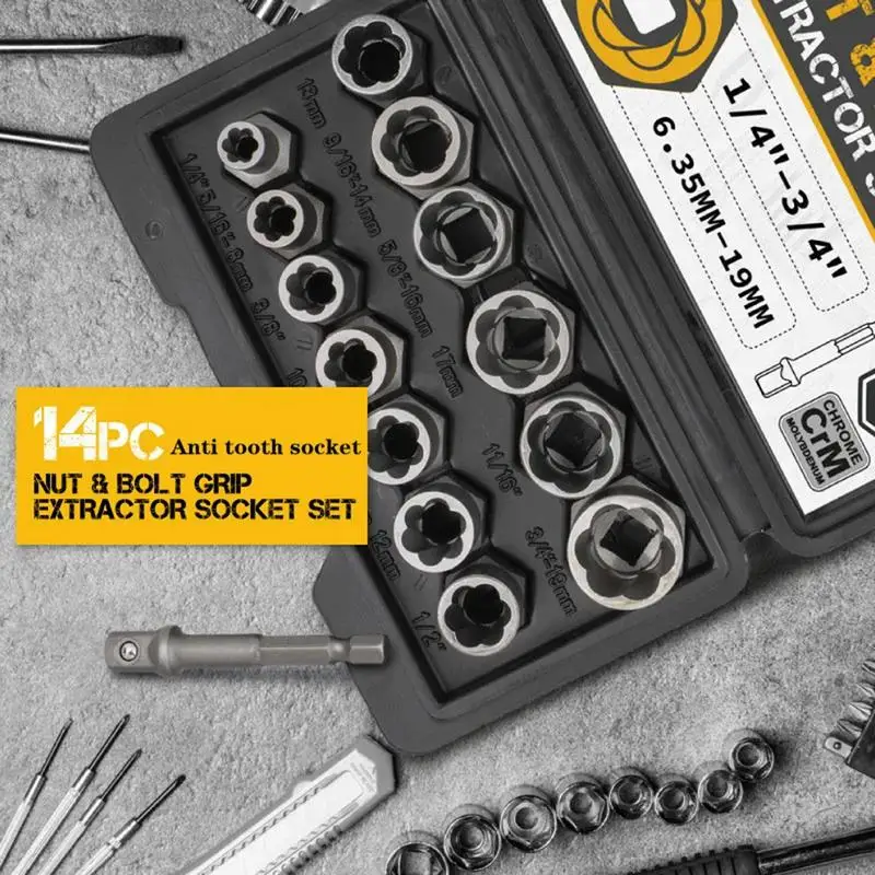 Nut Extractor Set 14pcs Impact Grade Extraction Nut Remover Tool Bolt Extractor Socket Set For Home Automobile Repair Machinery