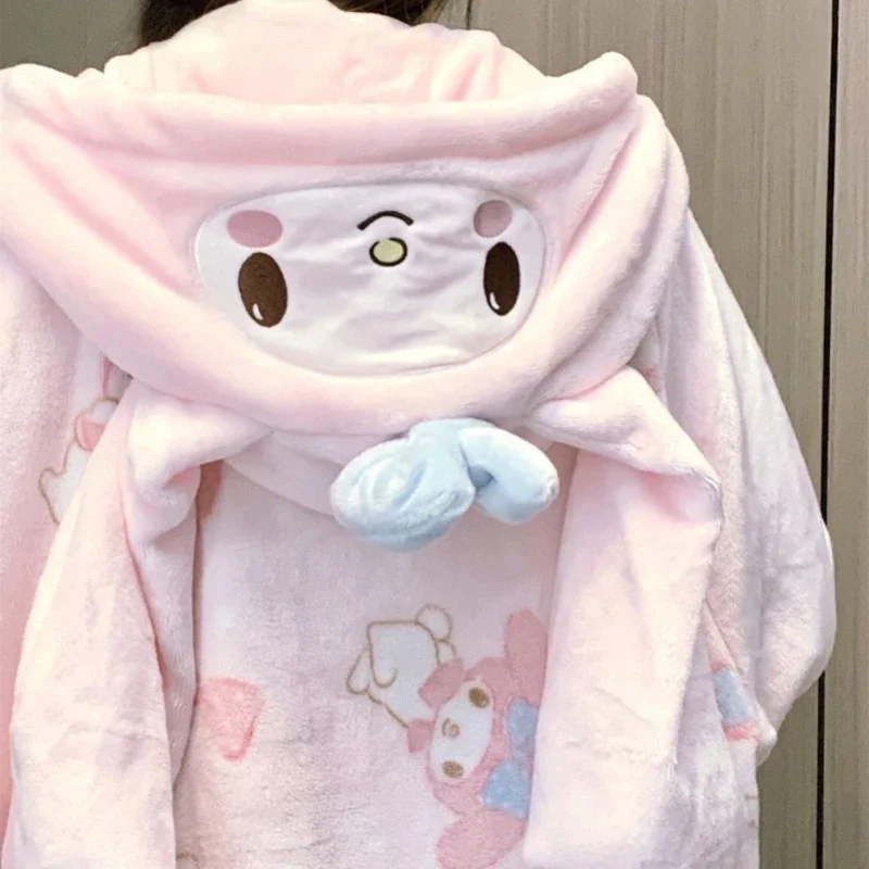 Sanrios My Melody Anime Kawaii Cute Coral Fleece Pajamas Women Winter Thickened Plush Hooded Home Nightwear Christmas Gifts