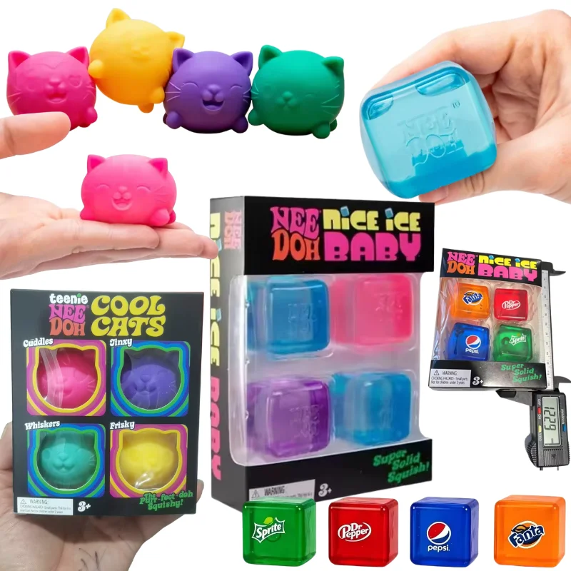 Schylling Nee Doh Nice Cube Soda Color und Mini Cat 4er-Set Langsam Zurückfederndes Squishy Fidget-Spielzeug Stressabbau Party-Geschenk