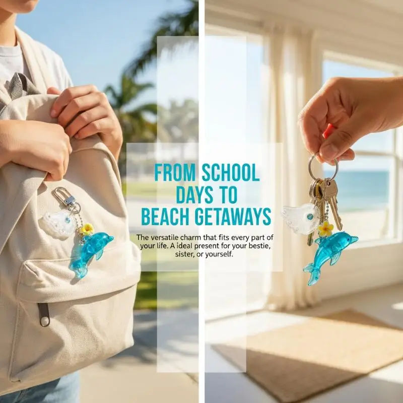 Transparenter blauer Acryl-Delfin-Schlüsselanhänger mit Blumenanhängern und Strassflügeln, perfekte Taschendekoration für Meeresliebhaber. – Detail 4