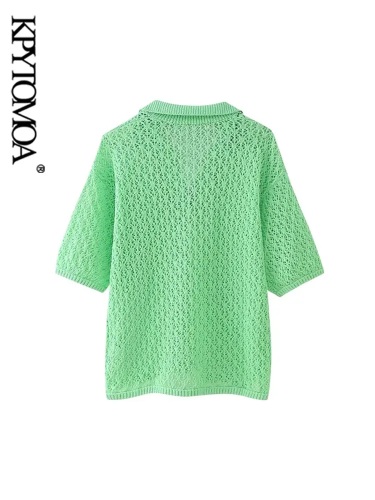 KPYTOMOA Women Fashion Pointelle Knit Loose Sweater Polo Collar Short Sleeve Female Pullovers Chic Tops