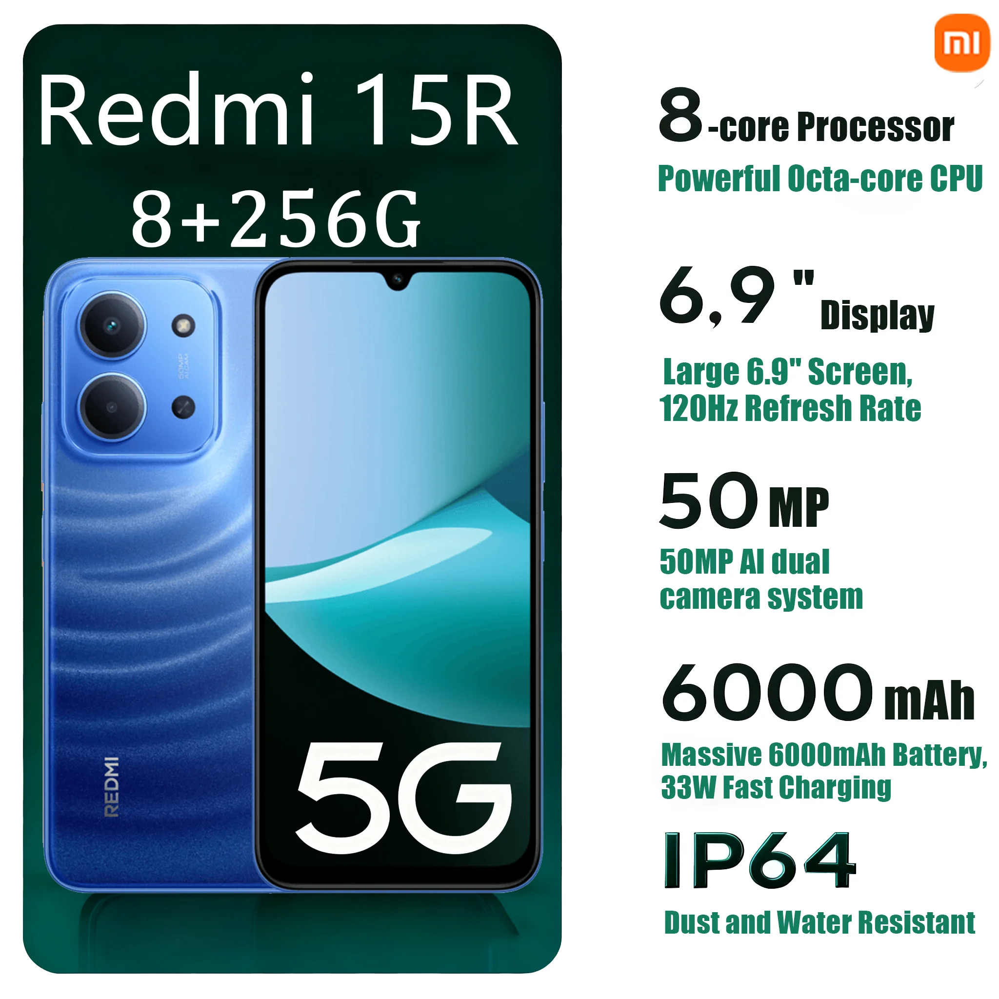 

Xiaomi Redmi 15R 5G 6.9" 120Hz LCD Phone 6000mAh Big Battery 33W Fast Charging Dual SIM Unlocked 2026 New