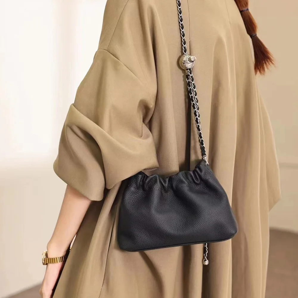 Leather Cloud Bag 2023 New Chain Ball Chain Female Bag Small Square Bag Simple Fold Single Shoulder Crossbody Purses And Handbag