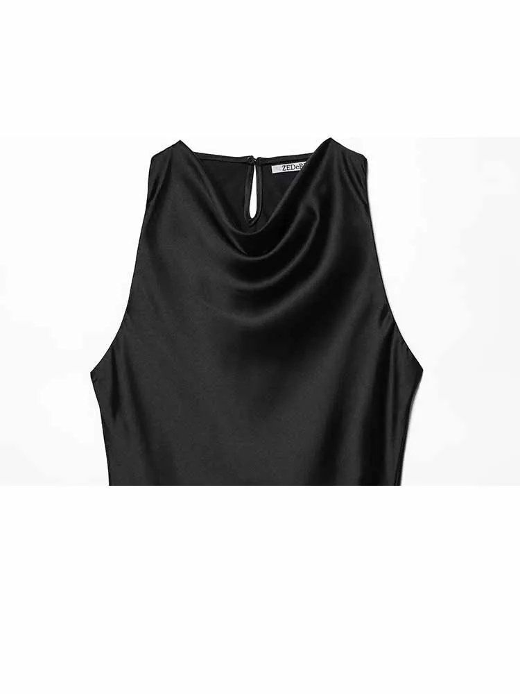 Hh nova mulher primavera moda sexy sem mangas seda cetim textura borla decoração bainha irregular longo topos feminino festa