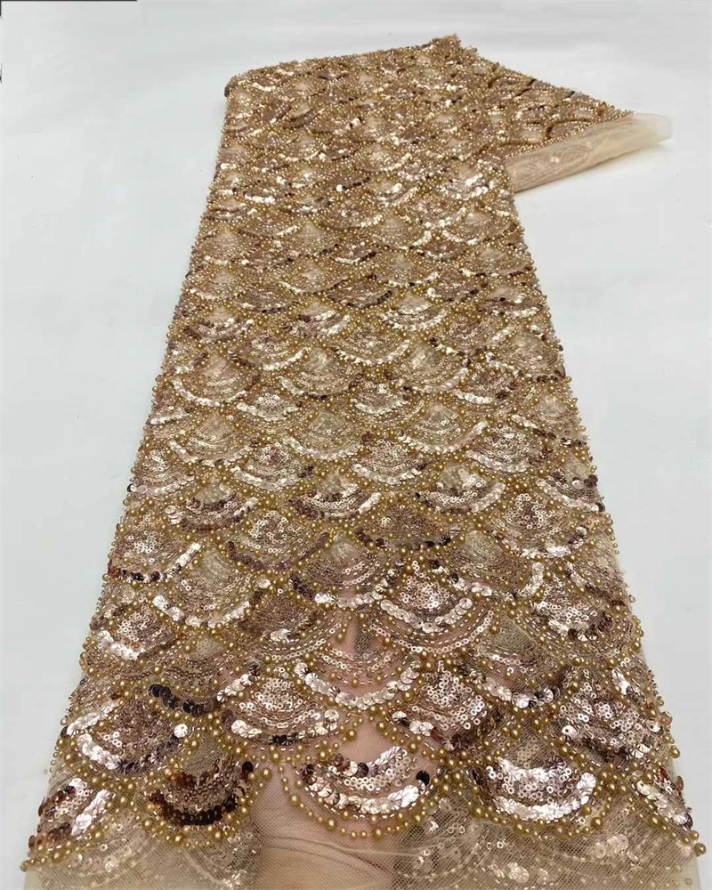 

African Sequins Lace Fabric High Quality Embroidery Handmade Sequence Beaded Lace Fabric For Bridal Material