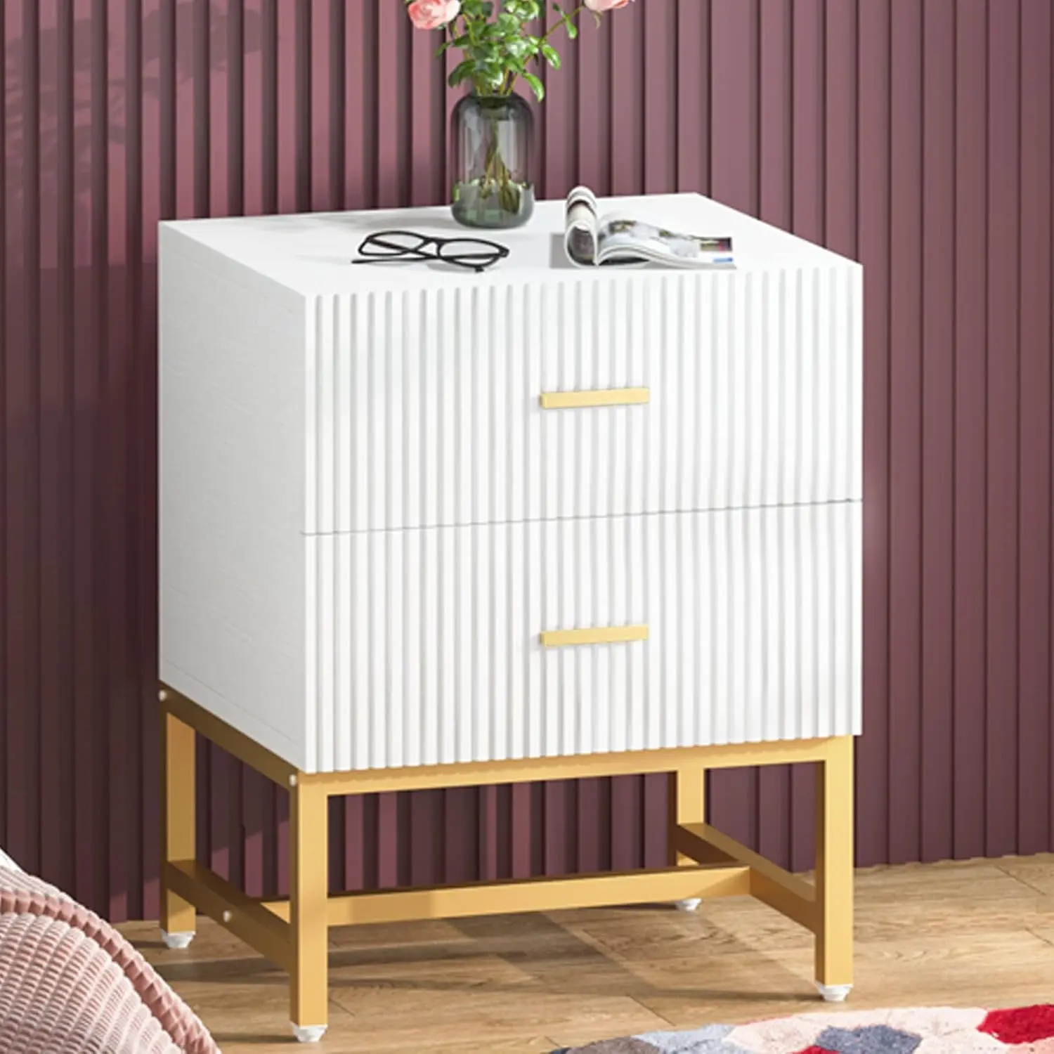 Modern Fluted 2-Drawer Nightstand White Wood End Side Table, Bedroom Living Room Small Space Storage Furniture