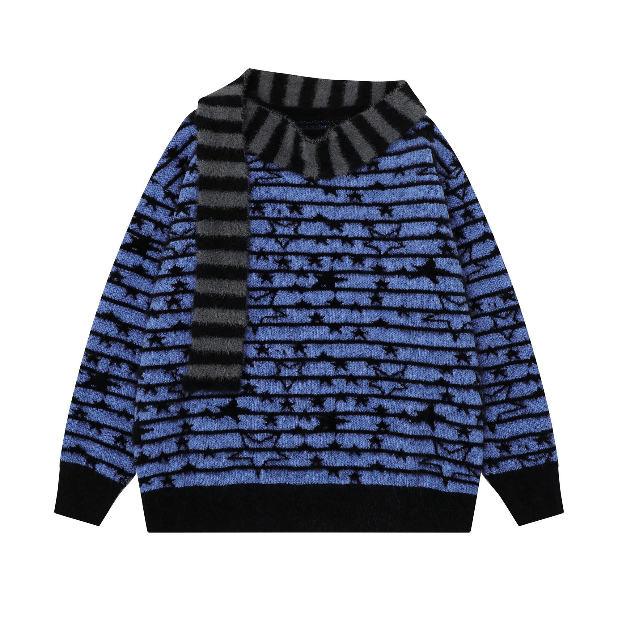 

Pentagram Flocking Striped Sweater Cropped with Scarf Autumn and Winter Oversized Fashion Warm Y2k Women Pullover Jumpers