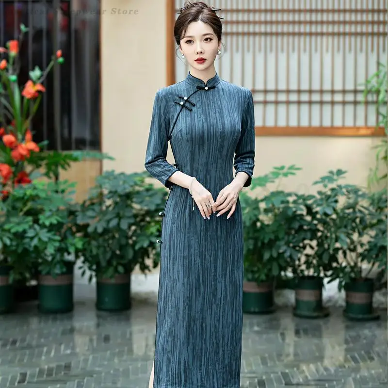 

Women's Retro Cheongsam Improved Standing Collar Chinese Qipao Wedding Party Dress Elegant Temperament Toast Clothes Slim Gown
