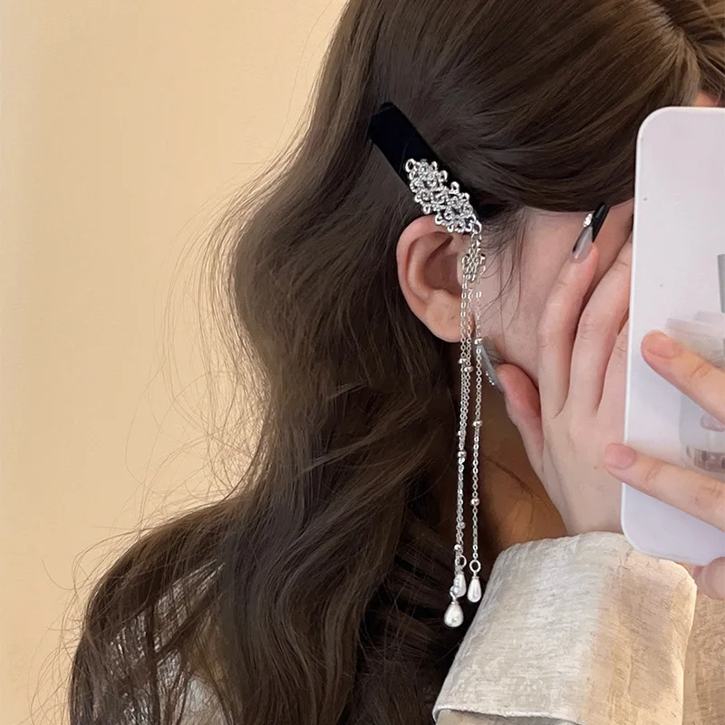 Neo Chinese Style Flocking Chinese Knot Rhinestones Imitation Pearl Water Drop Long Chains Retro Fringe Magnificent Hair Clips