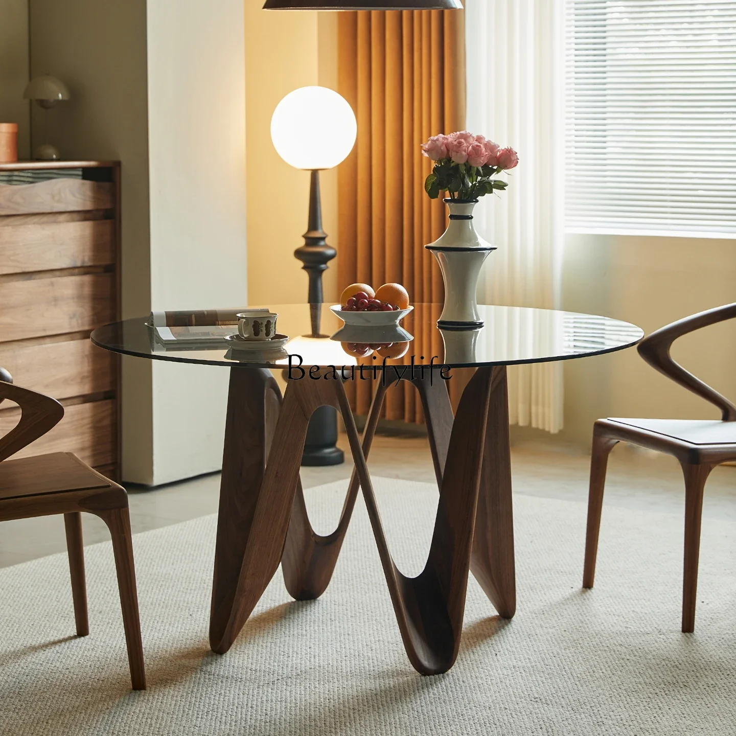 

1Modern dining table Nordic simple solid wood tempered glass North American black walnut