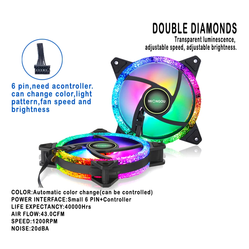 Kipas pendingin RGB 120mm, casing kipas komputer LED kecepatan dapat disesuaikan ARGB IWONGOU Ventilador Pc Heatsink