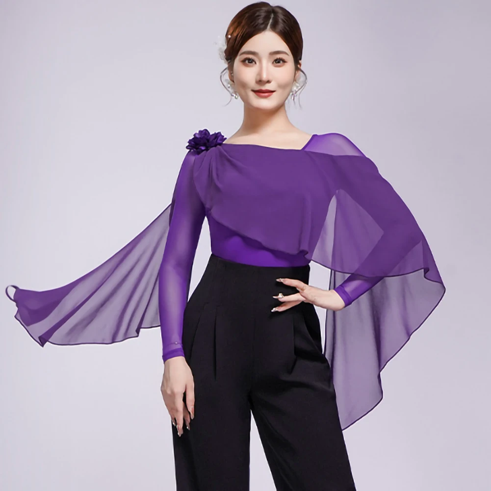 Новый белый топ для соревнований по бальным танцам, тренировочное платье с длинными рукавами, черная рубашка для современного танца, фиолетовая шаль, вальс Новый белый топ для соревнований по бальным танцам, тренировочное платье с длинными рукавами, черная рубашка для современного танца, фиолетовая шаль, вальс
