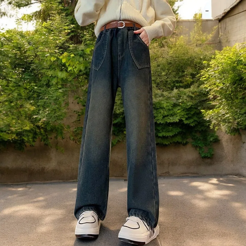 子供用ワイドレッグバギージーンズ,子供用パンツ,ティーンエイジャー用,ベビー服,5、6、7、8、9、12、13歳の女の子用の秋の服
