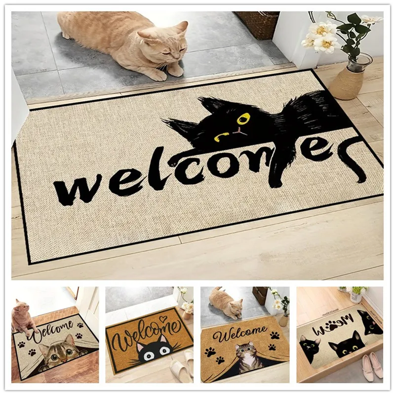 1Pc Cat Pattern Welcome Mat Dirt Resistant Indoor Outdoor Floor Rug Washable Home Decore Carpet Bedroom Bathroom Kitchen Balcony