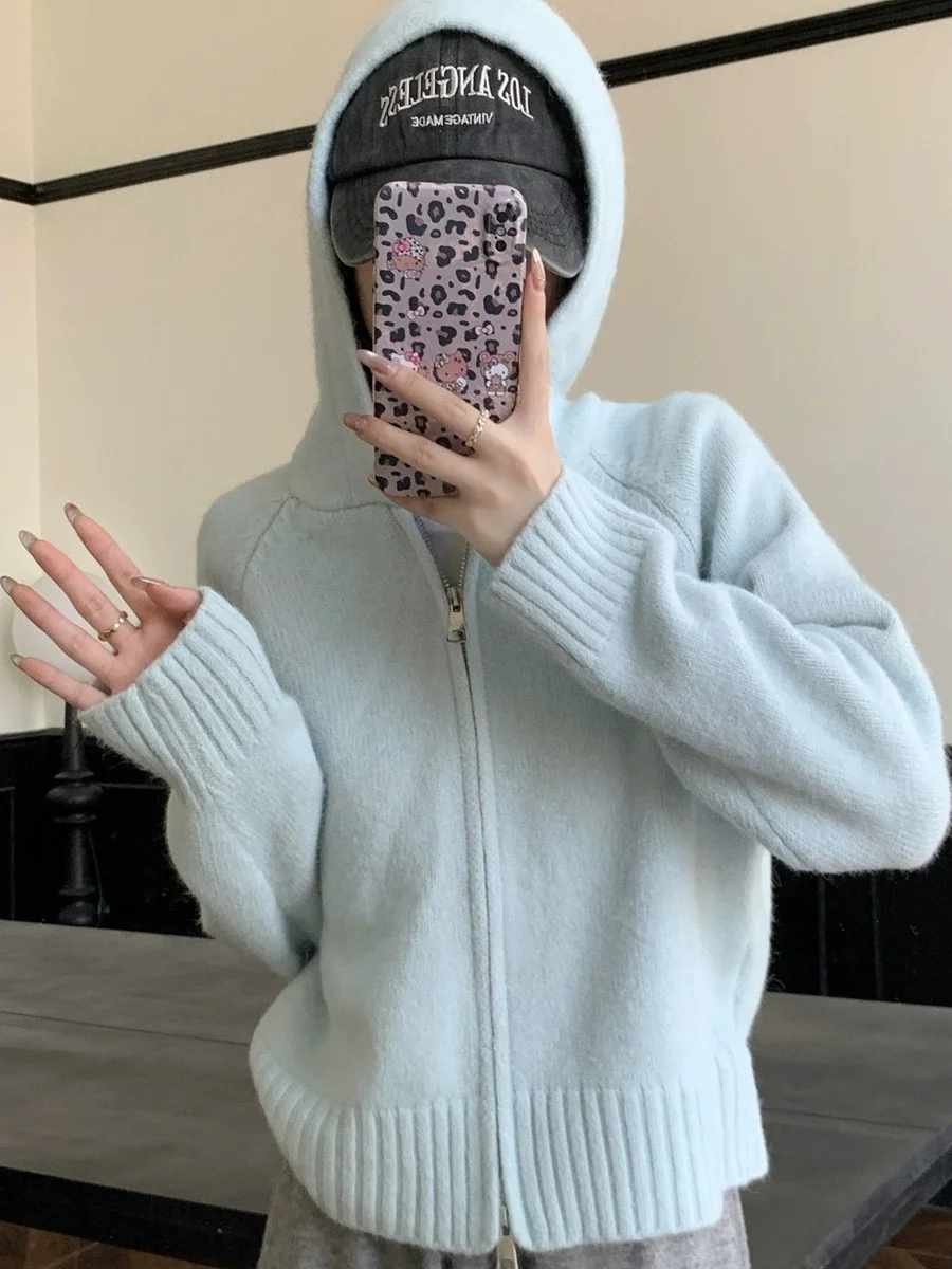 Jaqueta de Tricô com Capuz Azul para Mulheres, Estilo Solto e Confortável, Cardigan Curto Macio, Suéter de Manga Longa com Fe...