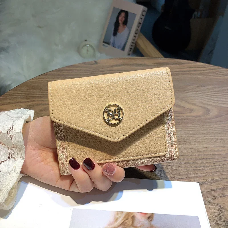 Women Genuine Cow Leather Short Wallet Fashion Coin Simple Card Holder PVC Money Clip Letter Patchwork Small Purse 8Z