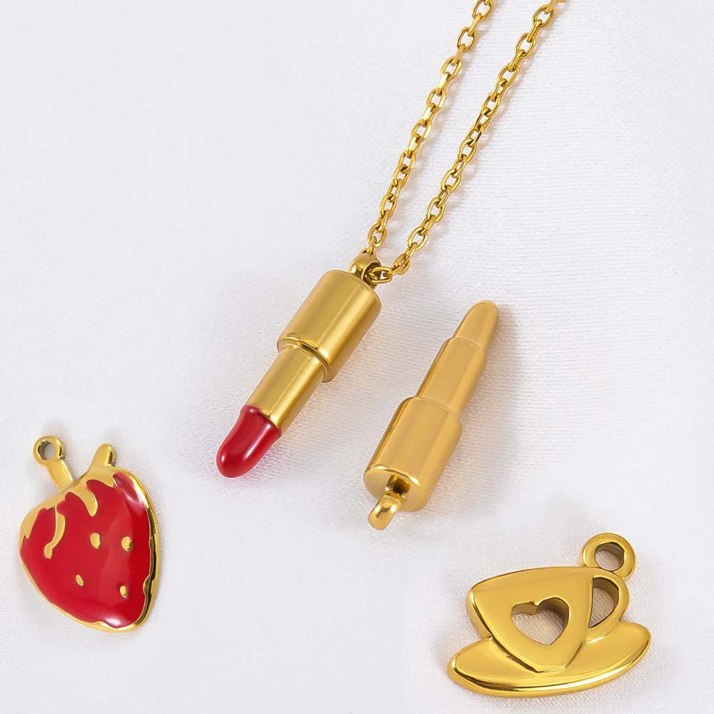 2pcs 6pcs Stainless Steel Pendant Lipstick Teapot Teacup Strawberry Charms DIY Bracelet Jewelry Making Necklce Keychain Supply