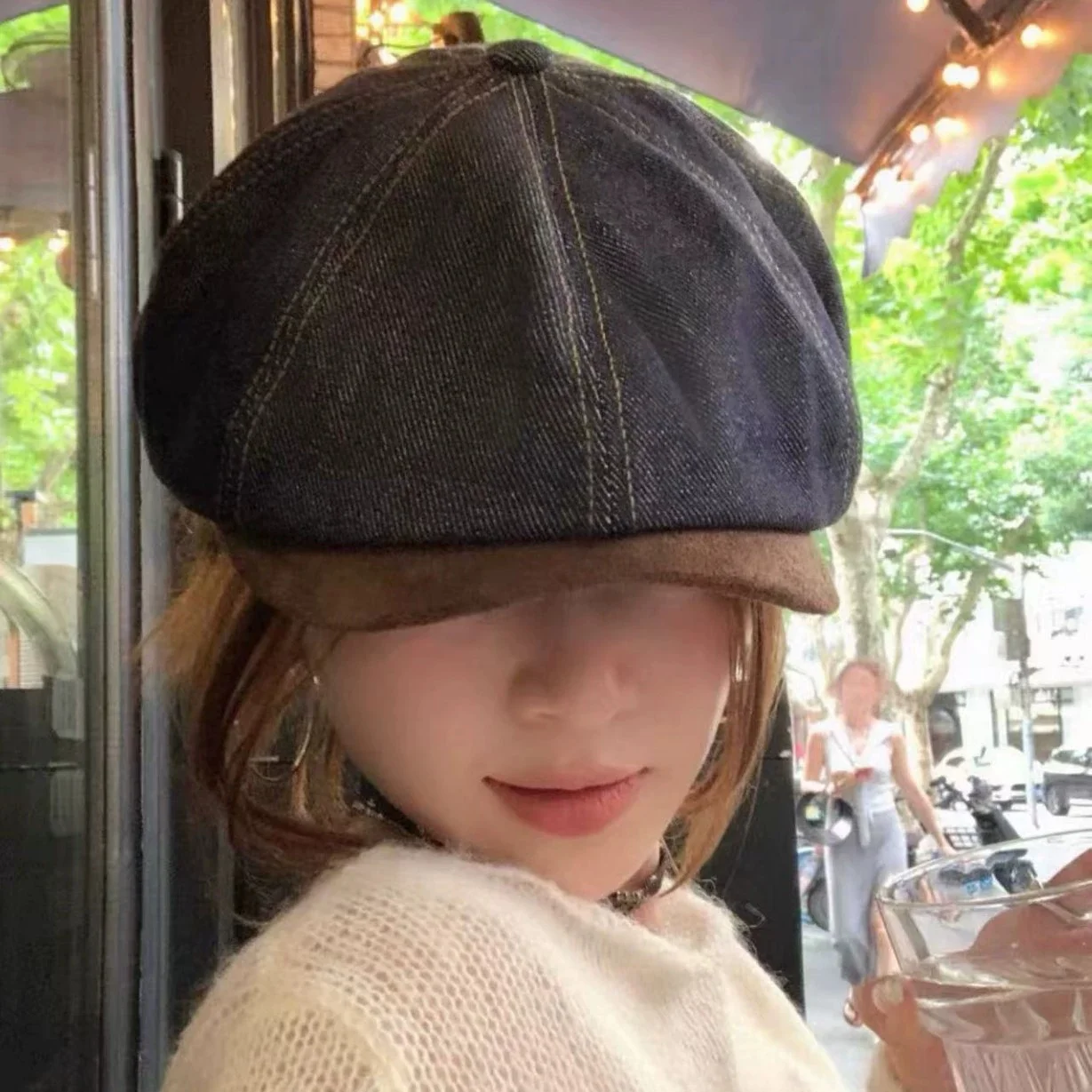 Men's and Women's Fashion Stitching Denim Newsboy Cap Washed Old Retro Beret Octagonal Cap Artistic Leisure Painter Cap