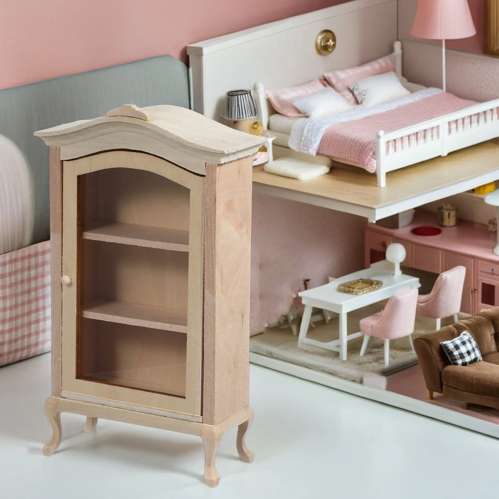 Dollhouse Miniature Wooden Bookshelf Cabinet Arched Top Design for Display Storage Elegant Room Decor Kids Creative Learning