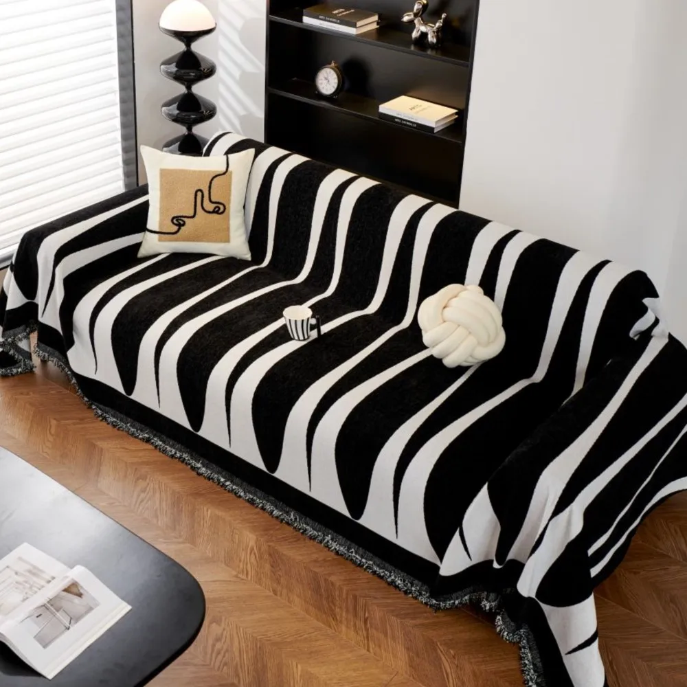 

2024 Black White Lines Couch Covers Luxury Sofa Cover Cloth Slipcover Non-Slip Cloth Sofa Cushion Blanket Decorative Dust Cover