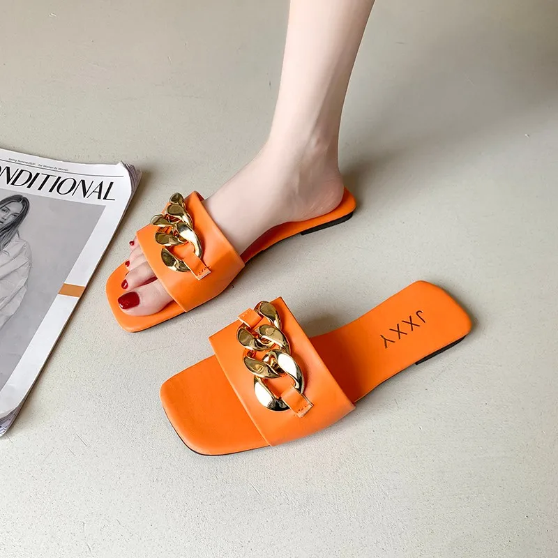 Zapatillas de moda con cadena y punta cuadrada para mujer, Sandalias planas, chanclas de playa, zapatos informales con decoraciรณn de Metal, novedad