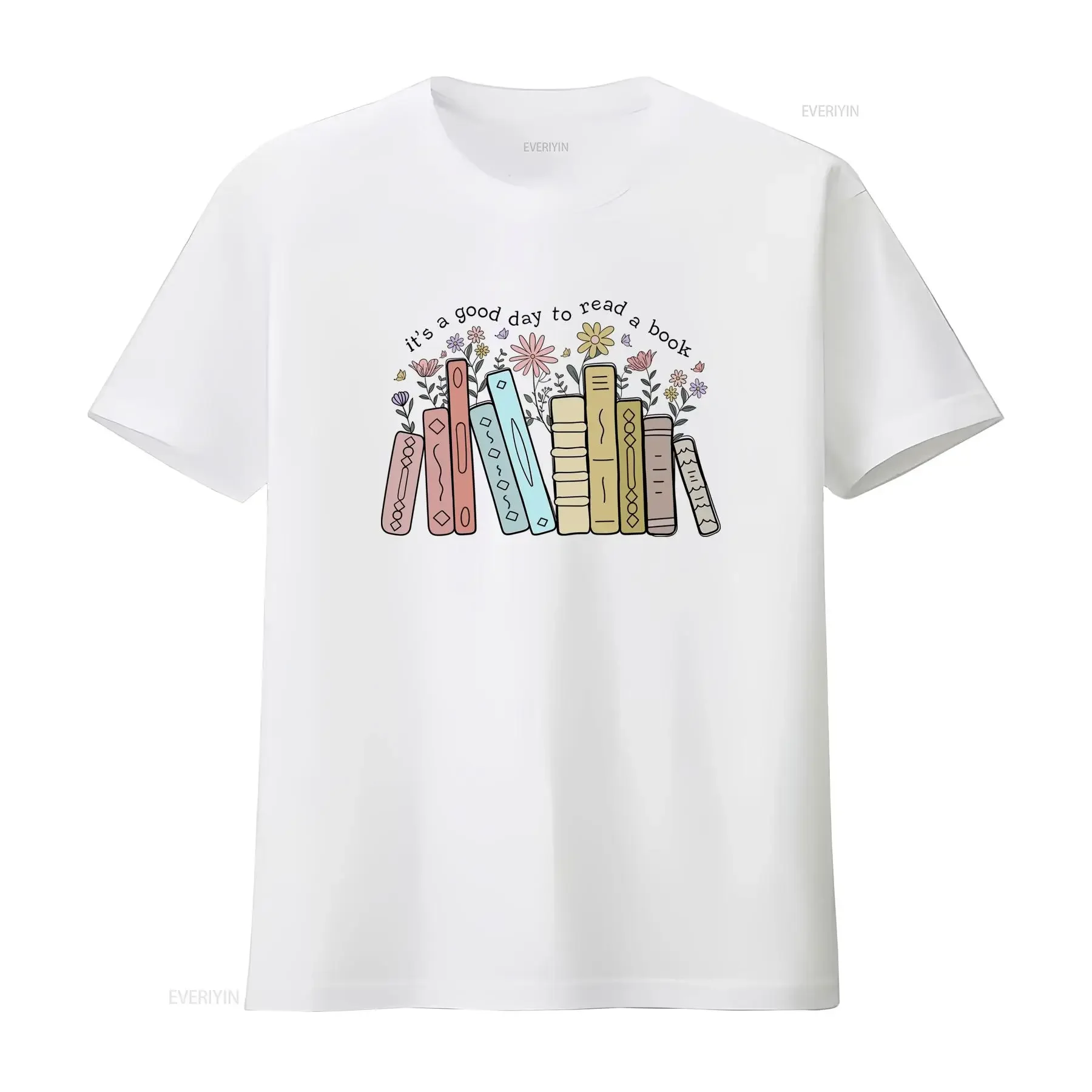 Cute Cartoon Stacked Books Wildflower Print Casual Book Lover Literary T Shirt vintage Washed fashion Soft streetwear