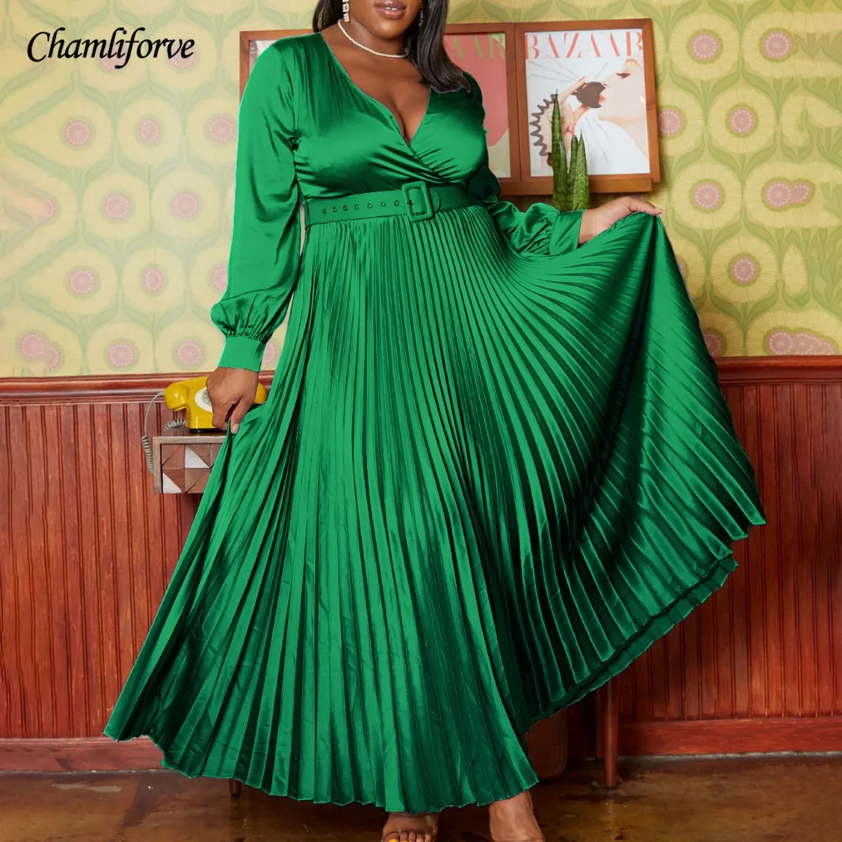 

Chamliforve Plus-size Women's Dress 2024 Spring New V-neck Fashion Elegant Solid Color Pleated Dress Party Dress Maxi Dress