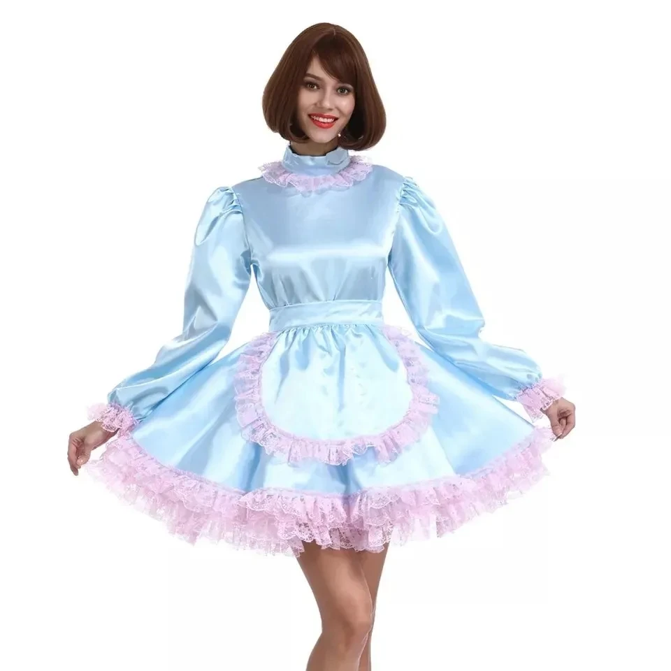 Sissy blue satin dress lockable, maid cosplay costume can be customized