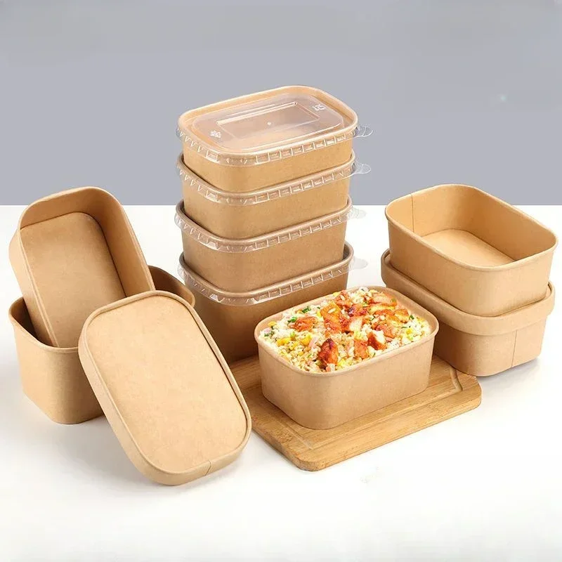 

50pcs Disposable Kraft Paper Rectangular Fast Food Box White Packaging Bowl with PP Cover Fruit Pastry Camping Bento Boxs