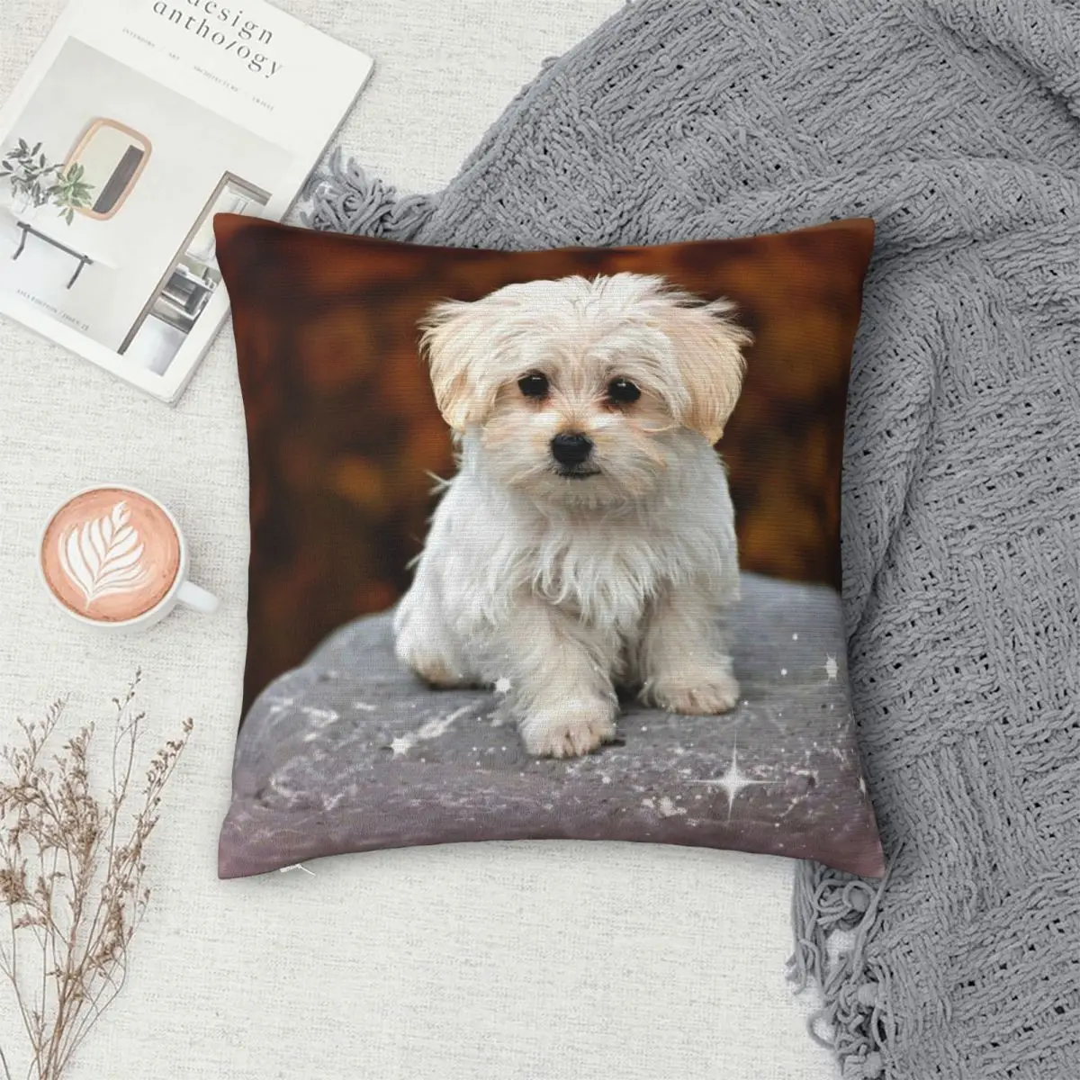 Maltese Puppy Adorable Square Pillowcase Polyester Linen Velvet Creative Zip Decor Throw Pillow Case Sofa Cushion Cover 45x45