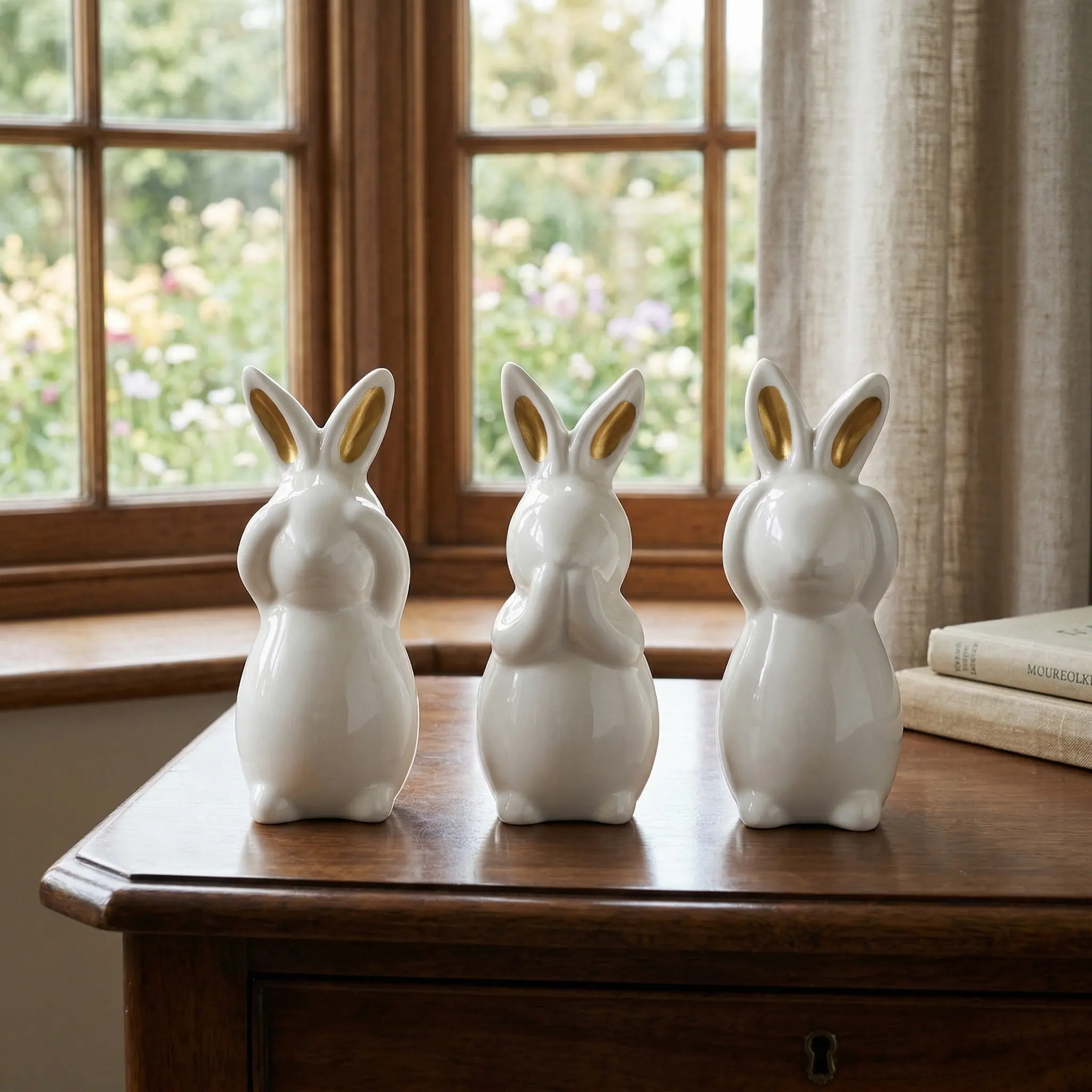 3Pcs Ceramic Bunny Statue Ornament Set Adorable No Hear Speak See Rabbits Easter Desktop Decorative Animal Sculpture