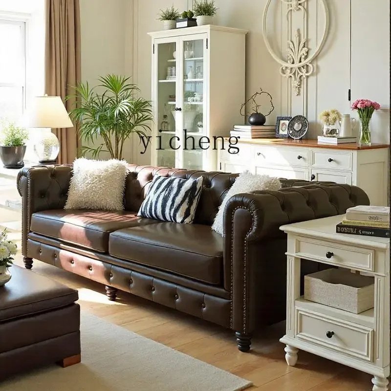 x4  retro leather sofa first layer cowhide living room pull button double three-person sofa combination size apartment