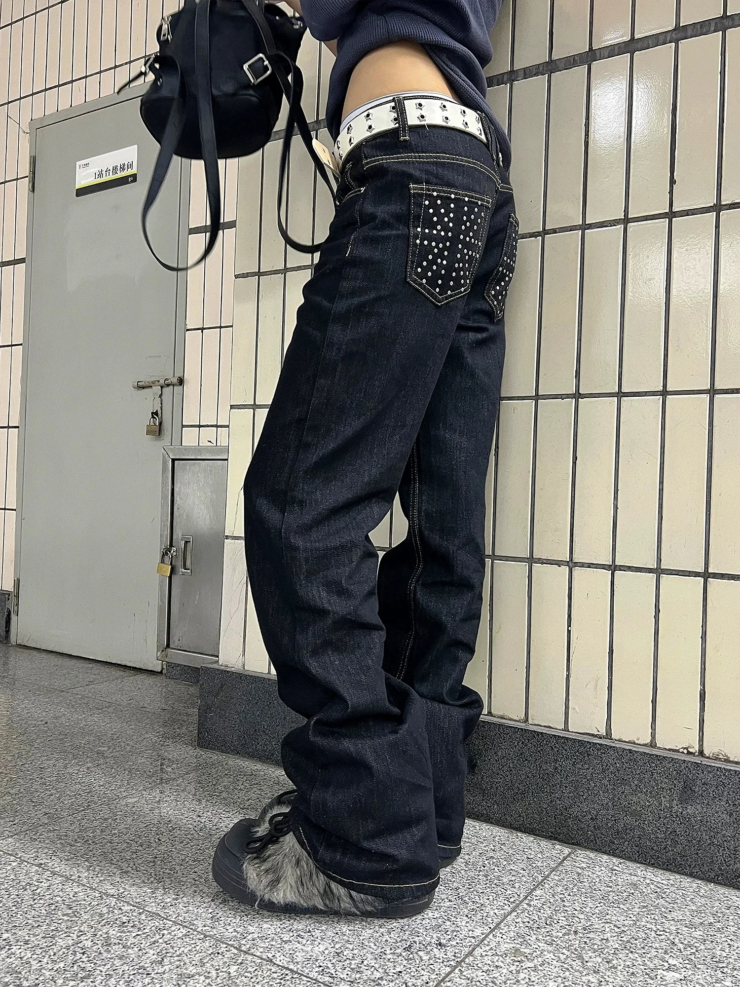 

Y2K Nail Bead Jeans Women Low Waist American Retro Spicy Girl Irregular Heavy Industry Straight Tube Slim Long Trendy Pants