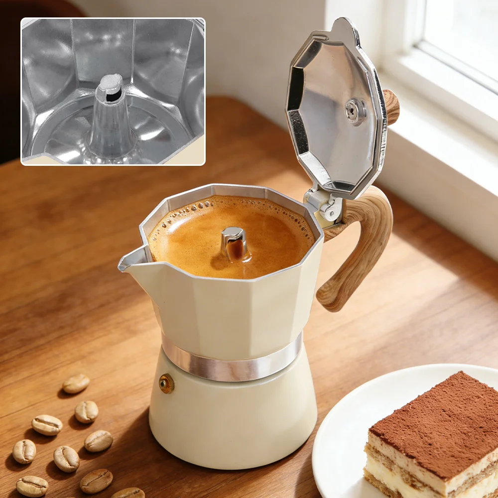Heat Resistant Wood Handle Matte White Octagonal Wholesale Mocha Pot Espresso Classic Italian Design Aluminum Mocha Pot