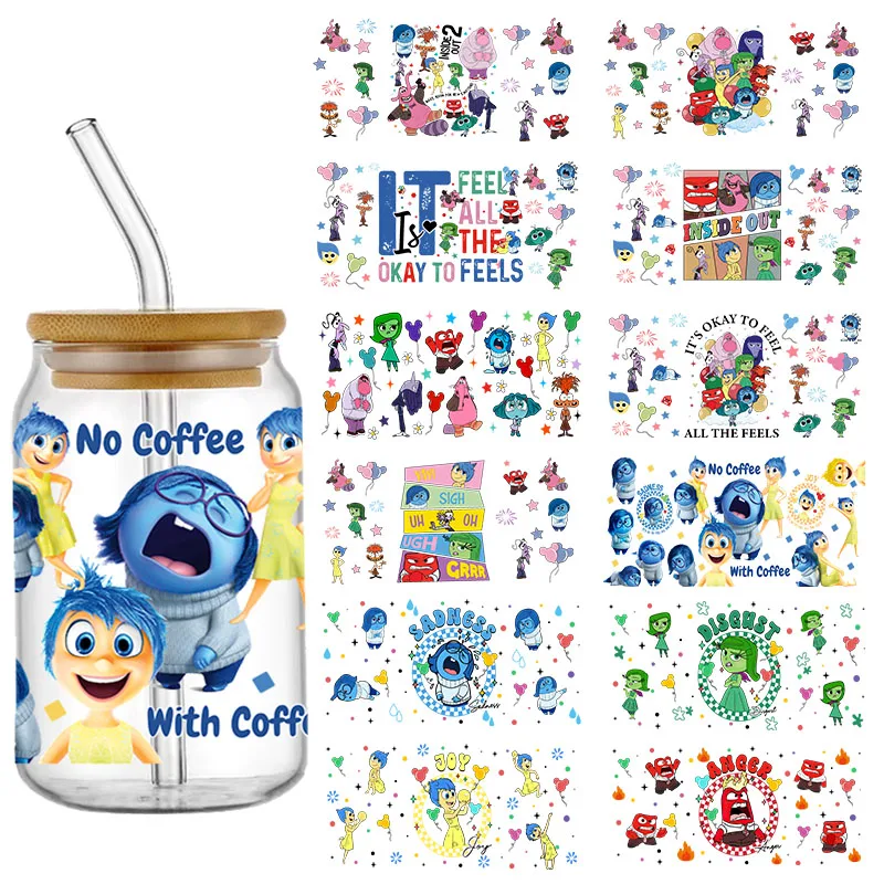 Disney Inside Out 2 Karakter Uv Dtf Wraps Transfer Sticker Diy Voor 16Oz Libbey Glazen Beker Waterdichte Wrap Transfers Beker