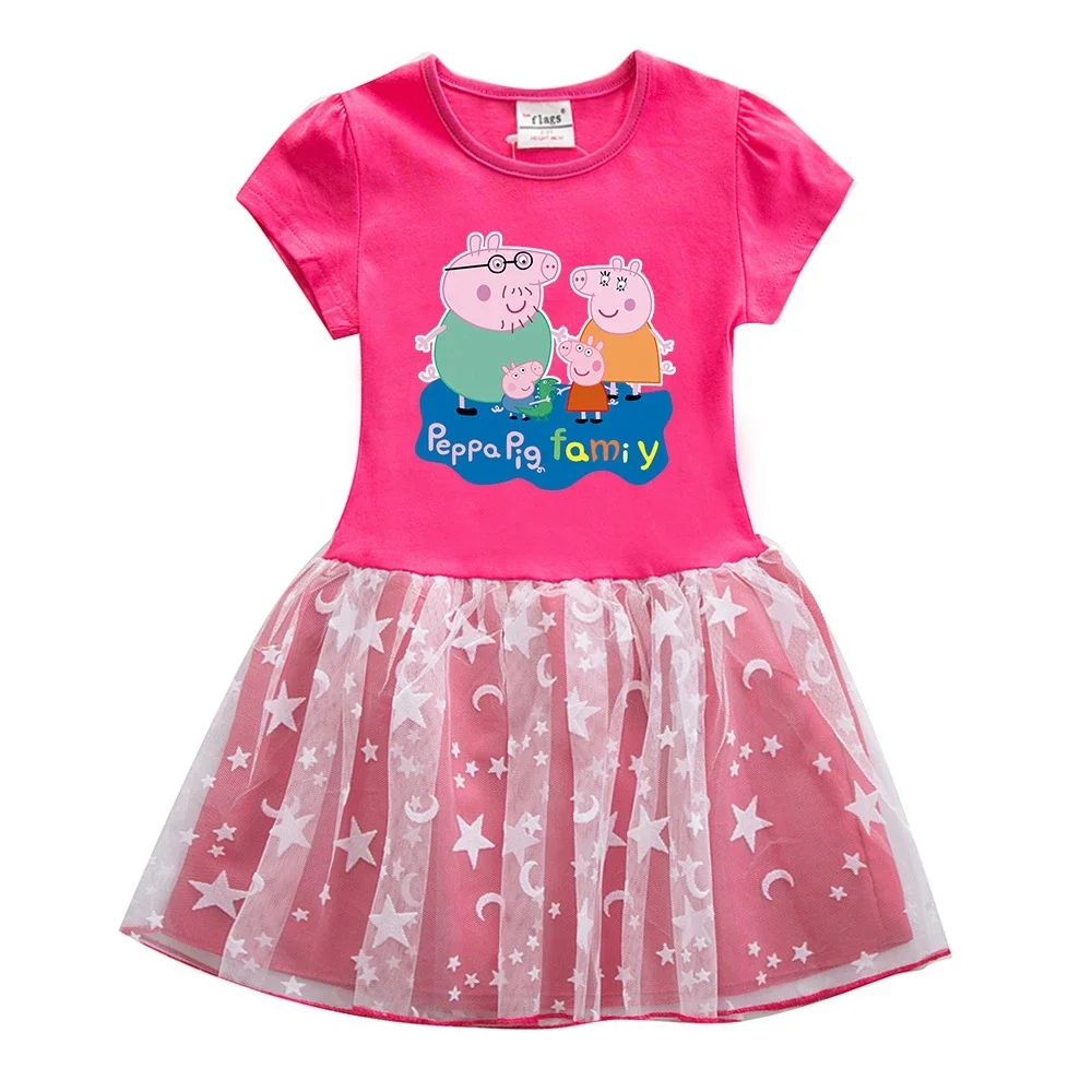 Vestido de princesa de manga corta de Peppa Pig, muñeca de actividad, juguete, familia de cerdos, patrón de dibujos animados, regalo de verano para