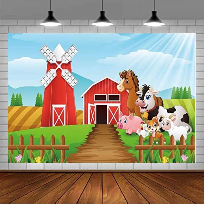 

Мультяшная ферма, пасовище для фотографии, фон в сельской местности, сарай, пейзаж, домашний скот, животные, фон в деревенском стиле для маленьких мальчиков и детей