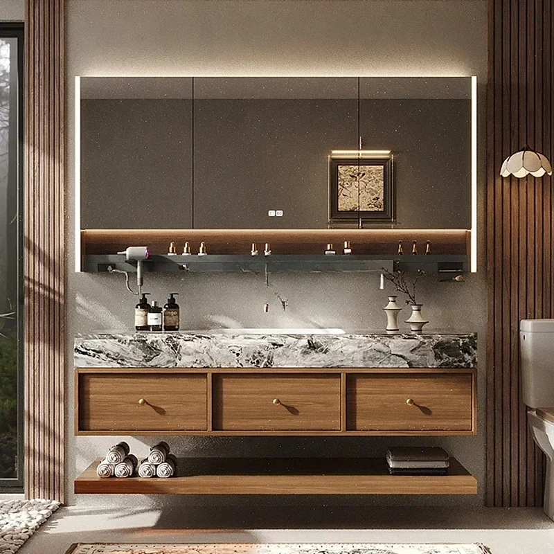 Medieval style bathroom cabinet combination luxury stone seamless ceramic basin wash table wash basin cabinet