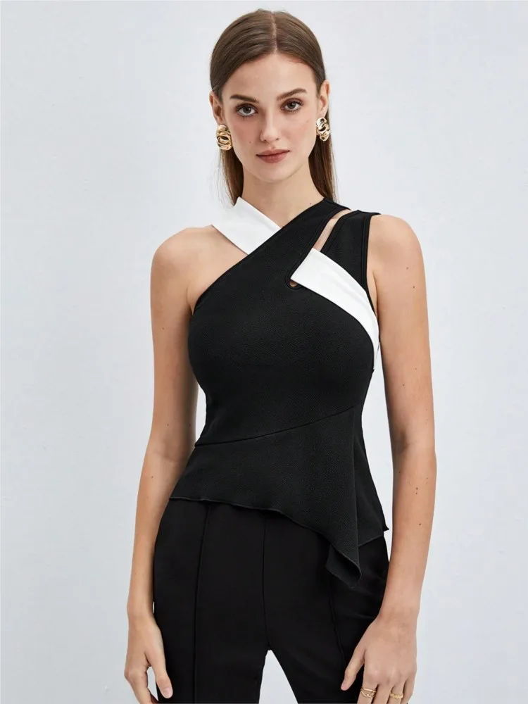 

2025 Summer Contrast Blusas Tops Cross Vest Sleeveless Sling Trendy Slim All-match Simple Style Temperament Commuting Irregular