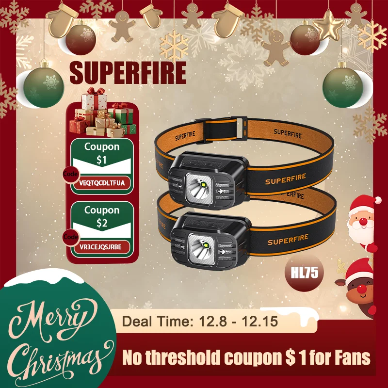 

SUPERFIRE HL75 Mini LED Headlamp USB-C Rechargeable Sensor Headlight Powerful Head Flashlight Torch For Camping, Fishing Lantern