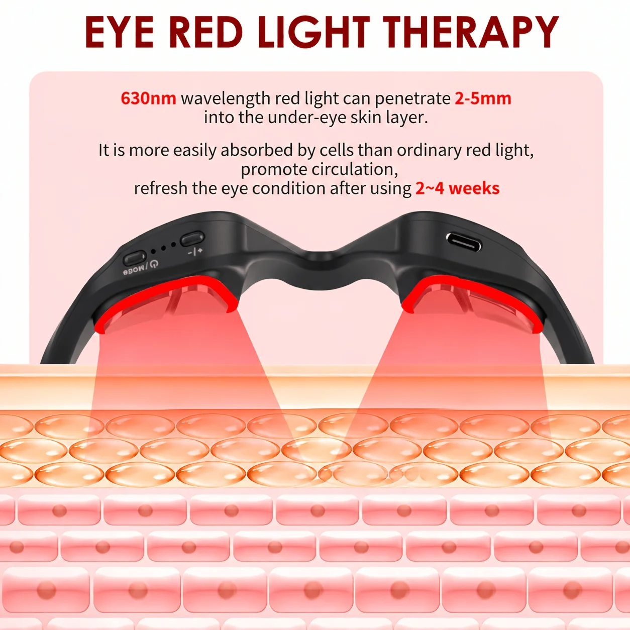 630nm Red Light Eye Massager Glasses EMS Eye Care Device USB Rechargeable 4 Modes 3 Intensity Levels 10 Min Auto Off for Dark Circles Eye Bags Eye Strain Under Eye Relaxation Portable Beauty Glasses for Women Men Home Office Travel